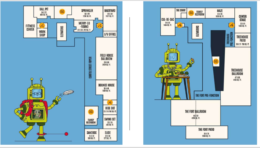 Floor plans of The Curtis event space, showing the Field House Ballroom, Bounce House, Hide Out, Swing Set, Sandbox, Slide, Ball Pit, Sprinkler and Backyard rooms, and the Treehouse Ballroom, The Fort Ballroom, The Fort Patio, Cul-de-Sac, The Court, Maze and Center Stage rooms.