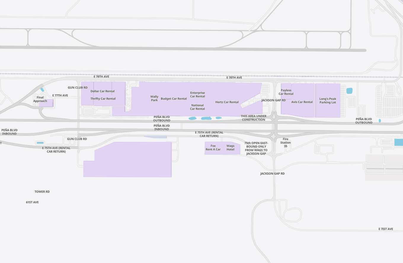 Map of the Denver International Airport rental car area, showing the Dollar, Thrifty, Budget, Enterprise, National, Hertz, Payless, Avis and Fox rental lots along Peña Boulevard.